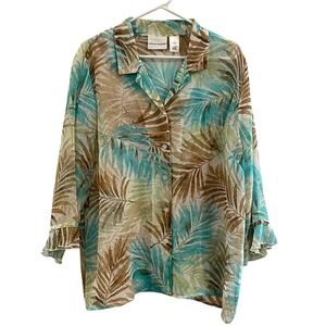00118 - Alfred Dunner Womens‎ SZ 16 Sheer Tropical Palm Button Blouse 3/4 Sleeve